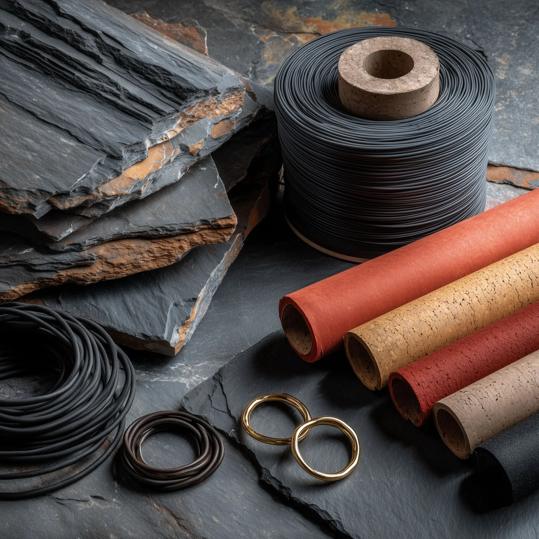 Schiefer, Kork, Leder und Metallringe als Materialauswahl