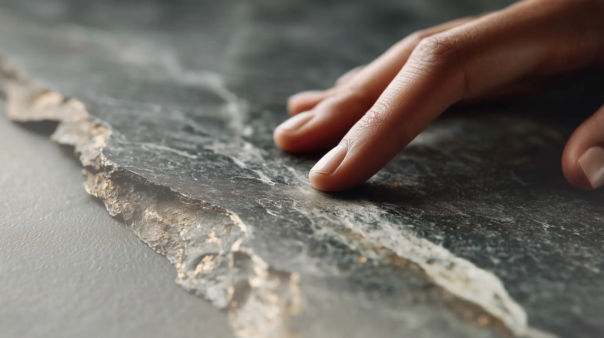 Finger berühren eine dunkle Schieferplatte